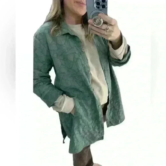 Kleen linen cotton blend button down drapey‎ teal green artsy lagenlook jacket L - Picture 2 of 12